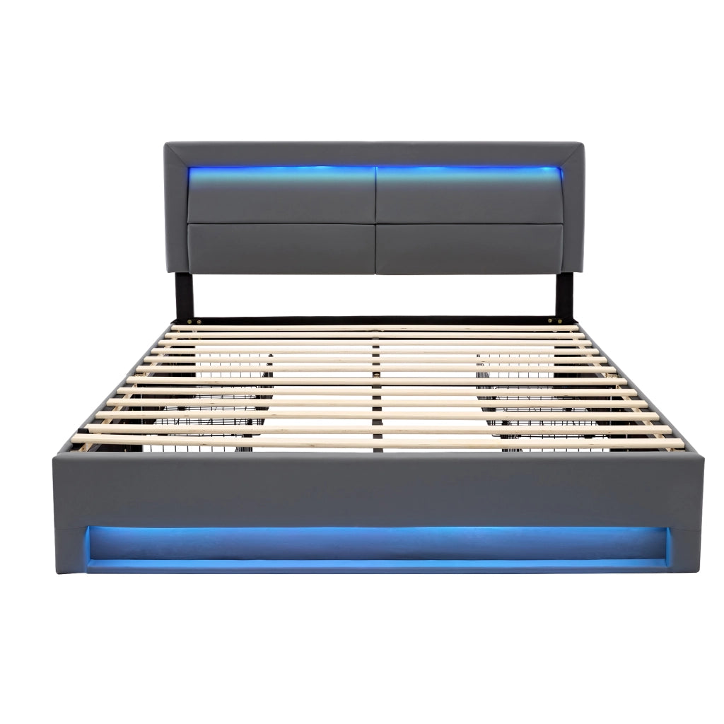 Letto imbottito matrimoniale 140x190 cm in PU grigio con LED, USB, contenitore a 4 cassetti, senza materasso