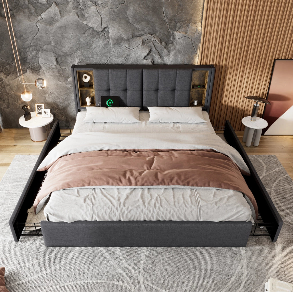 Letto matrimoniale 160x200 cm in lino grigio con ricarica wireless; USB e 4 cassetti