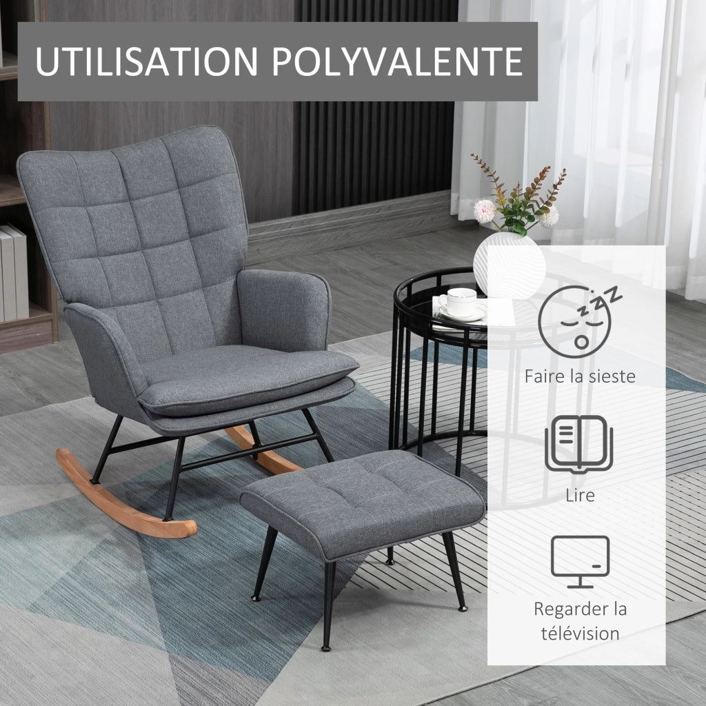 Poltrona Dondolo con Poggiapiedi e Cuscino ¨C Zephmum ¨C Grigio 64x89x90
