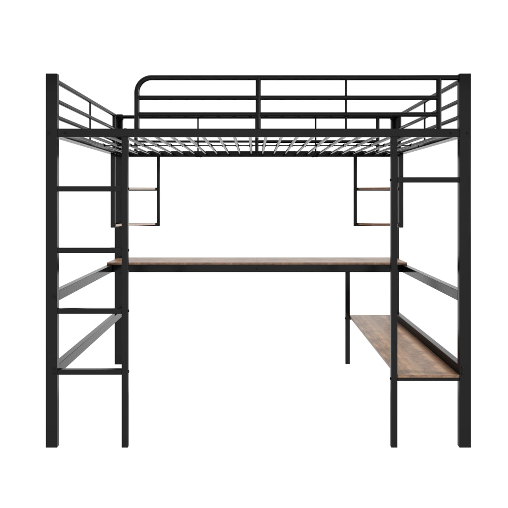 Letto a castello nero in metallo con scrivania e scaffali 140x200 cm