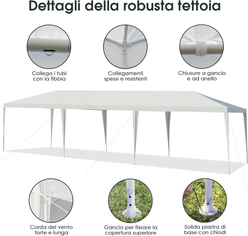 Tendone per Feste 3 x 9 M, Gazebo da Giardino con Struttura in Metallo, Impermeabile e Protezione UV, per Feste, Barbecue, Giardino e Spiaggia, Bianco