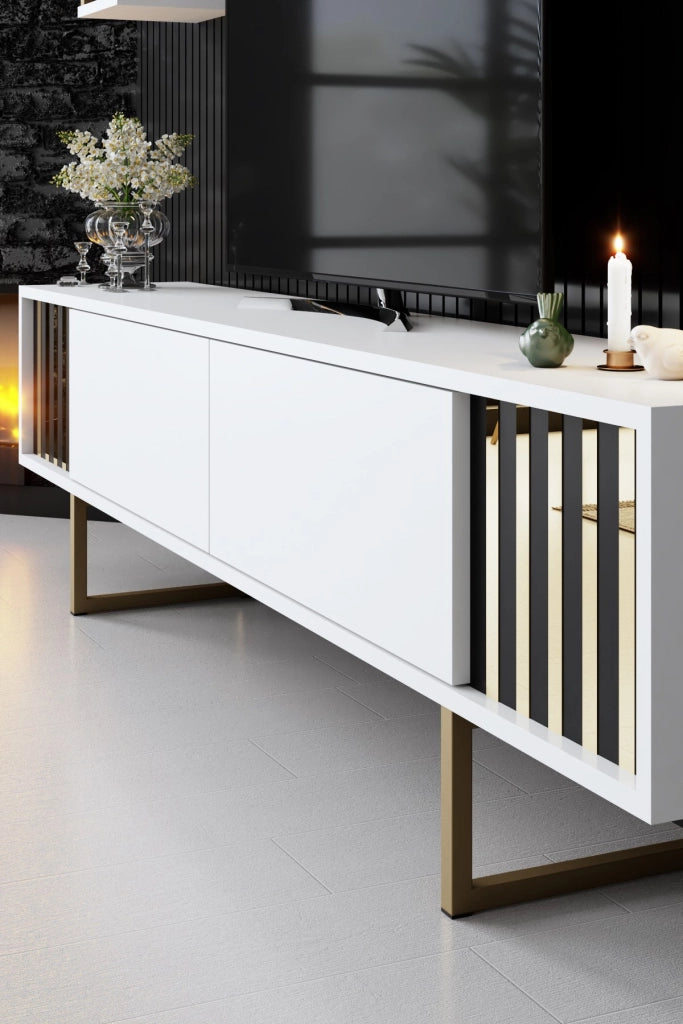 Porta TV in legno "Gold Line" - 180 x 30 x 48 cm - Bianco-Nero