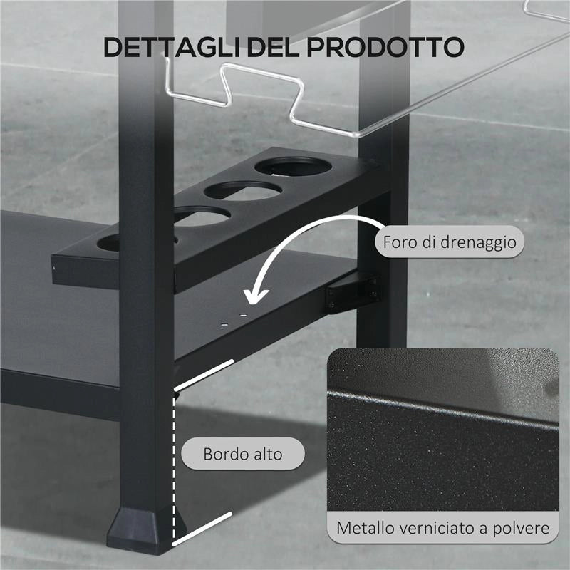 CARRELLO BARBECUE CON TAVOLINO PIEGHEVOLE IN ACCIAIO INOX 2 RUOTE E ACCESSORI 125X65X84 CM NERO
