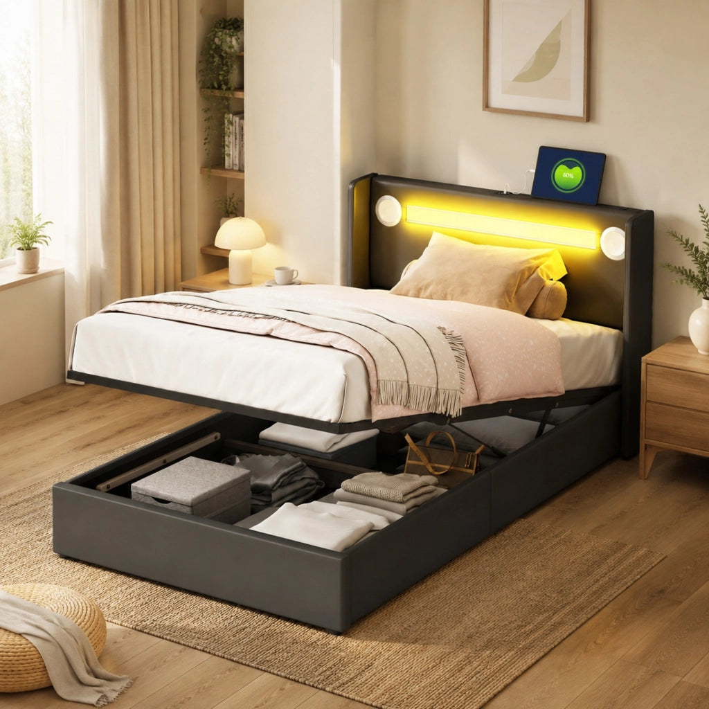 Letto imbottito per bambini 90x200 cm in PU nero con LED; Bluetooth e contenitore