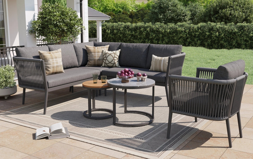 Set Salotto da Esterno Modulare 6 Pezzi per 5-6 Persone con Cuscini, Tessuto a Righe e Tavoli per Giardino e Terrazza Grigio