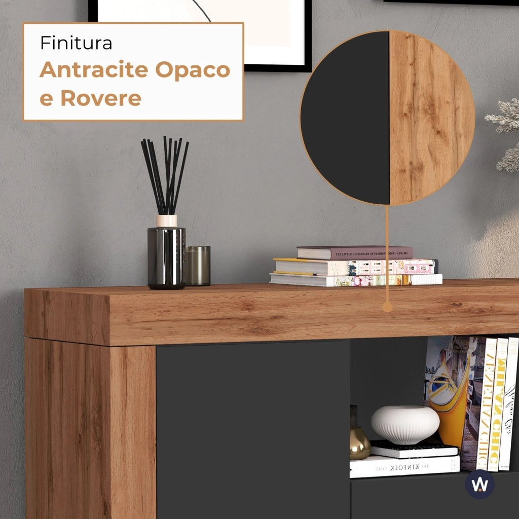 WHOUS Credenza Chronos 3 ante e 1 vano antracite opaco e rovere 155x40x85 cm