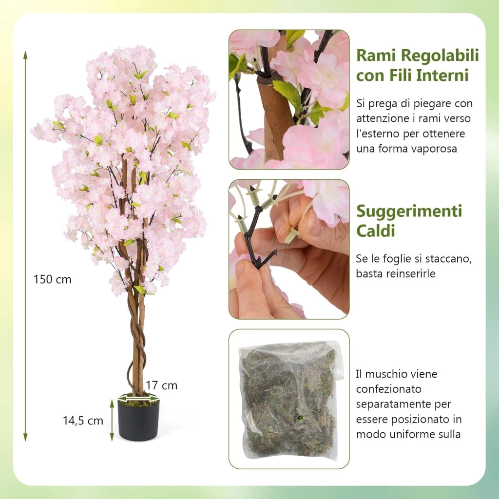 2 Alberi di Ciliegio Artificiale 150 cm, Set di 2 Piante Finte in Vaso da Vivai con Fiori Rosa e Foglie Verdi, Piante Decorative per Casa, Ufficio e Negozio