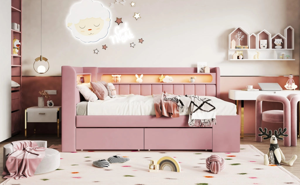 Letto imbottito con luce a led e porta usb, 2 cassetti e scarpiera, in mdf e compensato, rosa, 90 × 200 cm
