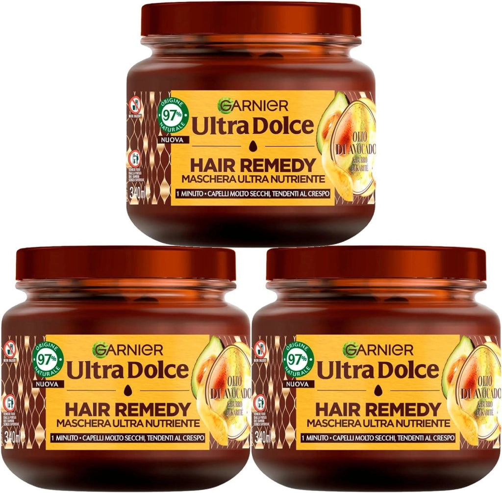 GARNIER ULTRA DOLCE 3 MASCHERE NUTRIENTE PER CAPELLI SECCHI E CRESPI IN 1 MINUTO AVOCADO E BURRO DI KARITÉ 340 ML