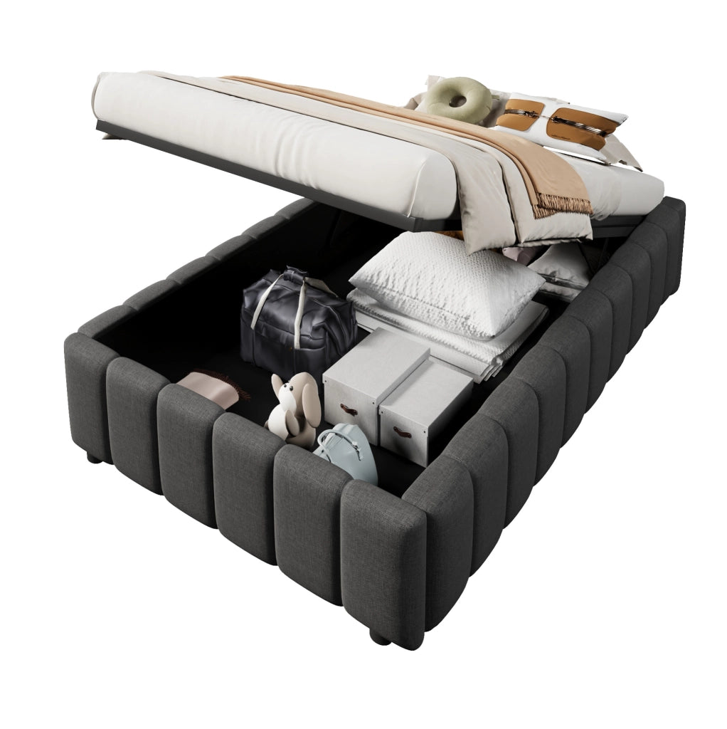 Letto singolo 90x200 cm con contenitore idraulico in lino e MDF; grigio