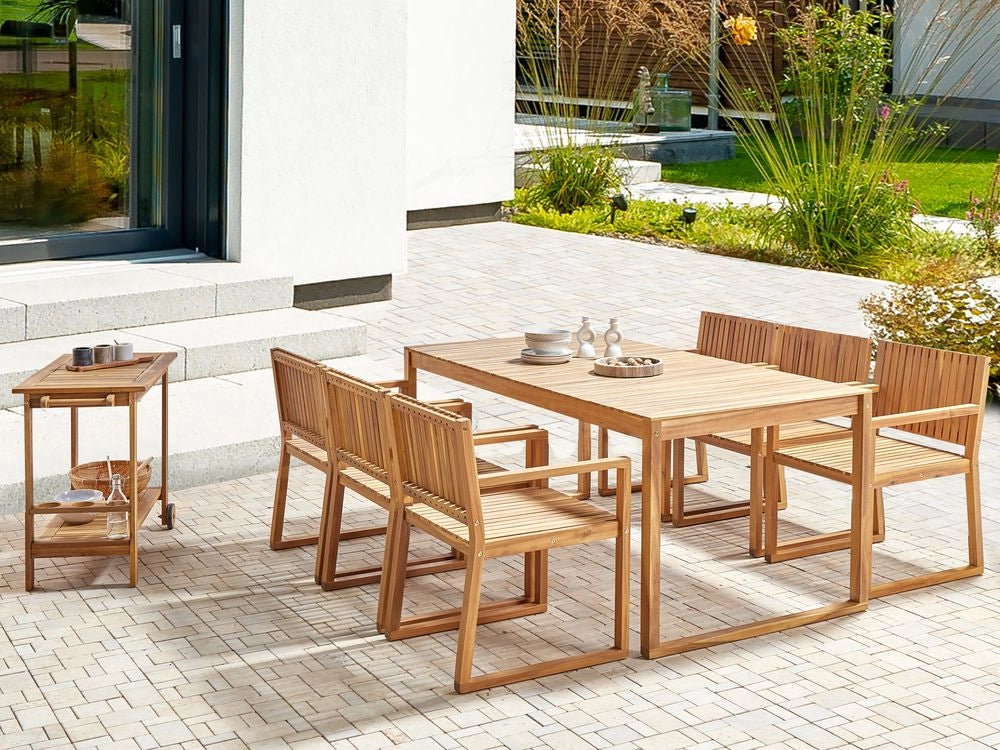 Set da pranzo a 6 posti in legno d'acacia certificato resistente agli agenti atmosferici dal design classico