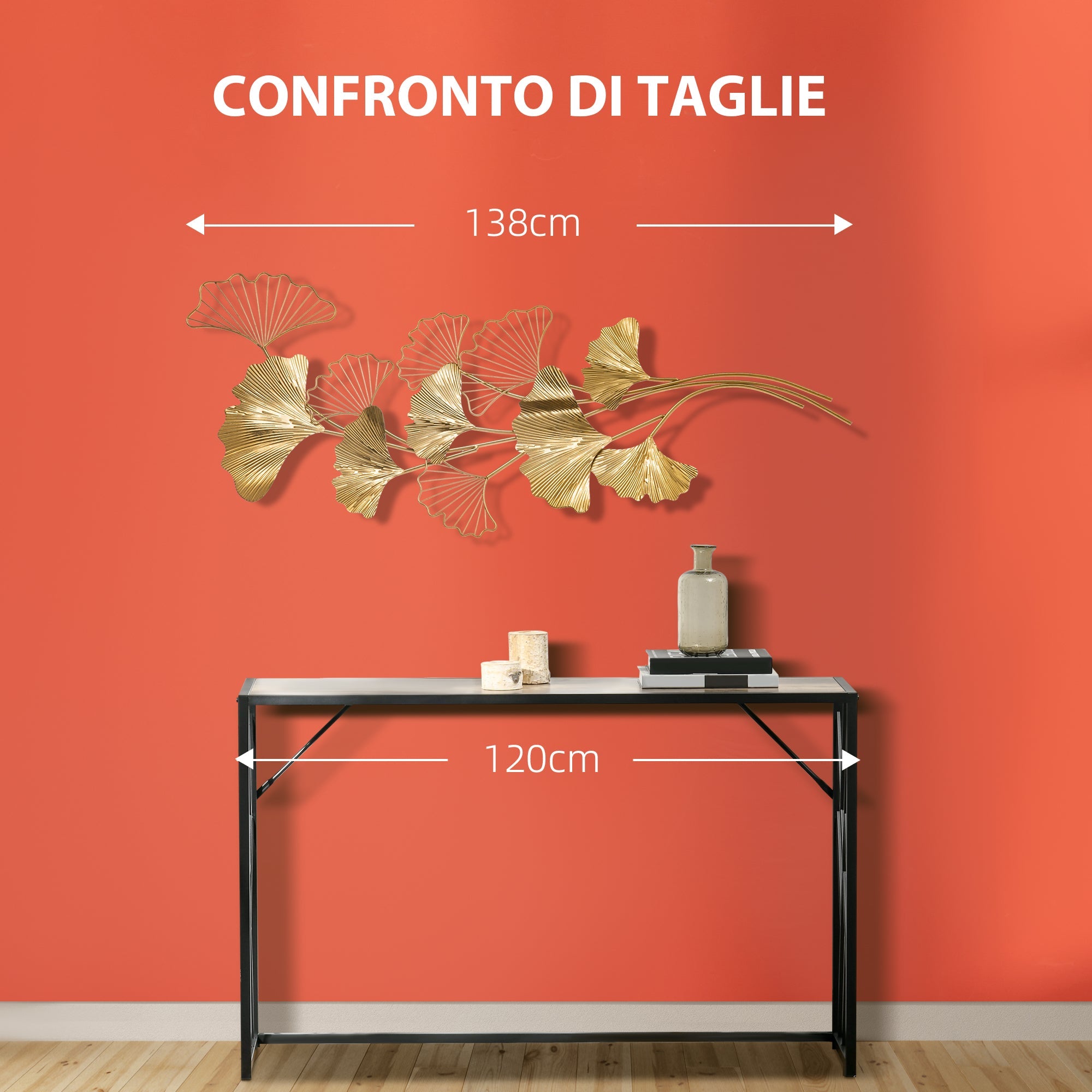 Decorazione Murale 3D 138x70 cm in Metallo Wall Art Dorata con Foglie di Ginkgo