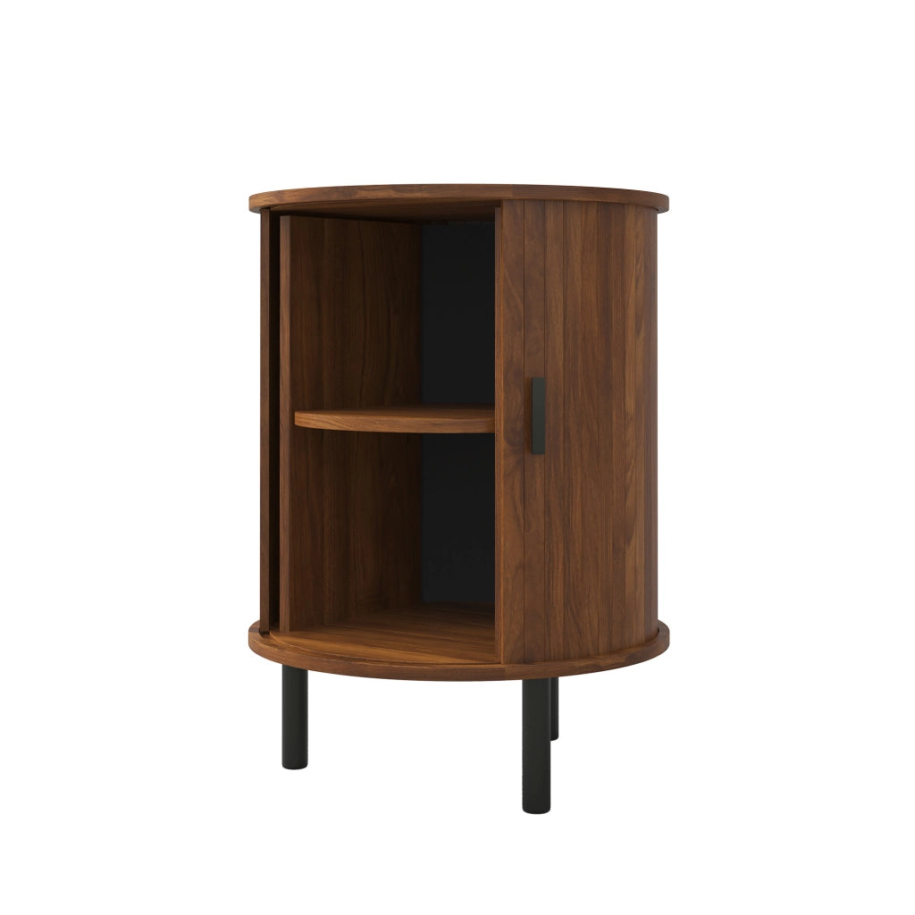 Mobile contenitore rotondo con anta scorrevole, finitura noce, 48x48x65 cm