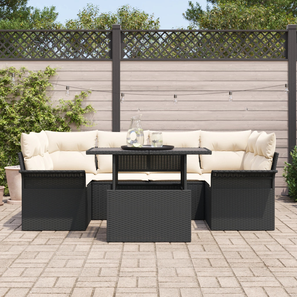 Set Divano da Giardino 7 Pezzi con Cuscini Nero Polirattan