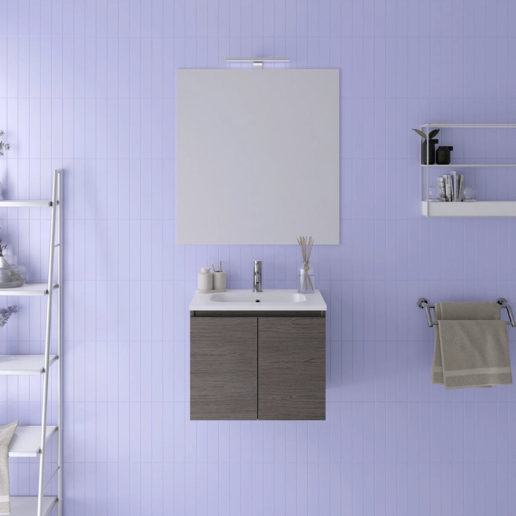 Mobile da bagno sospeso 60cm rovere scuro con lavabo e specchio | Rata