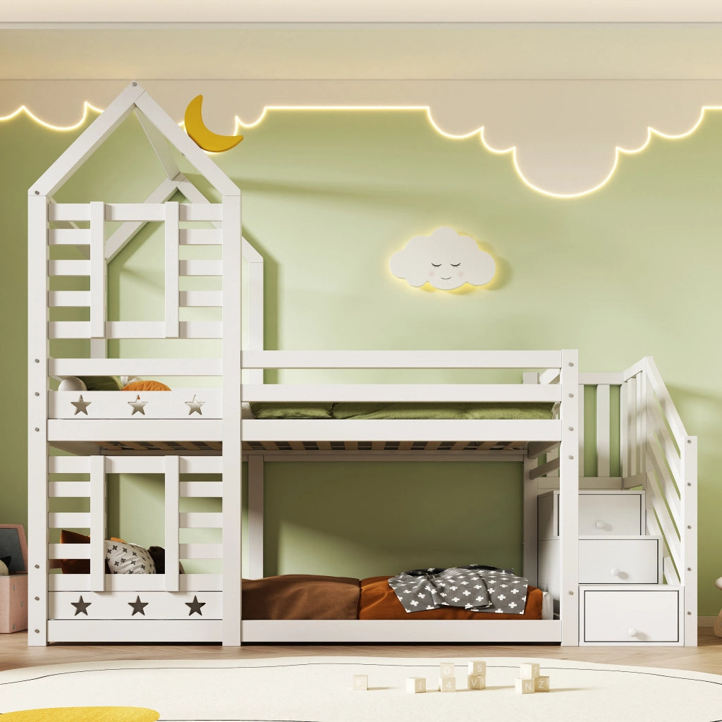 OKWISH Letto a Castello a Casetta 90×200 cm, Letto Singolo con 2 Cassetti, Scala con Contenitori e Spondina, senza Materasso, Legno, Bianco