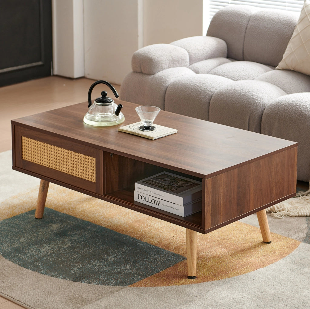 Tavolino da caffè in MDF con anta scorrevole in rattan; 105 x 55 x 40 cm; marrone