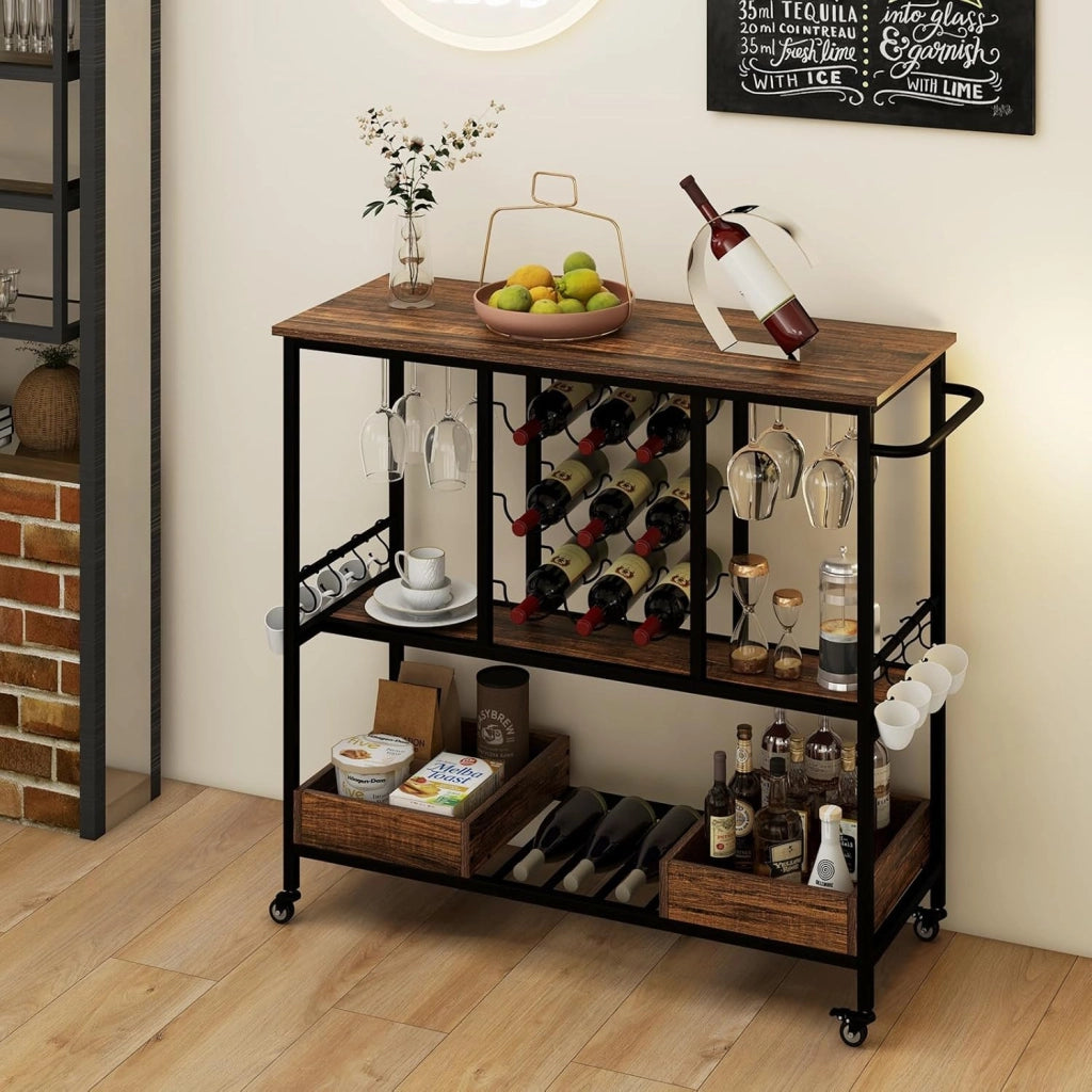 Carrello da Cucina con Ruote, Carrello di Servizio con Portabottiglie, Portabicchieri Ganci, Carrello Portaoggetti a 3 Ripiani per Bar, Casa, Cucina, 108 x 40 x 91 cm (Marrone)