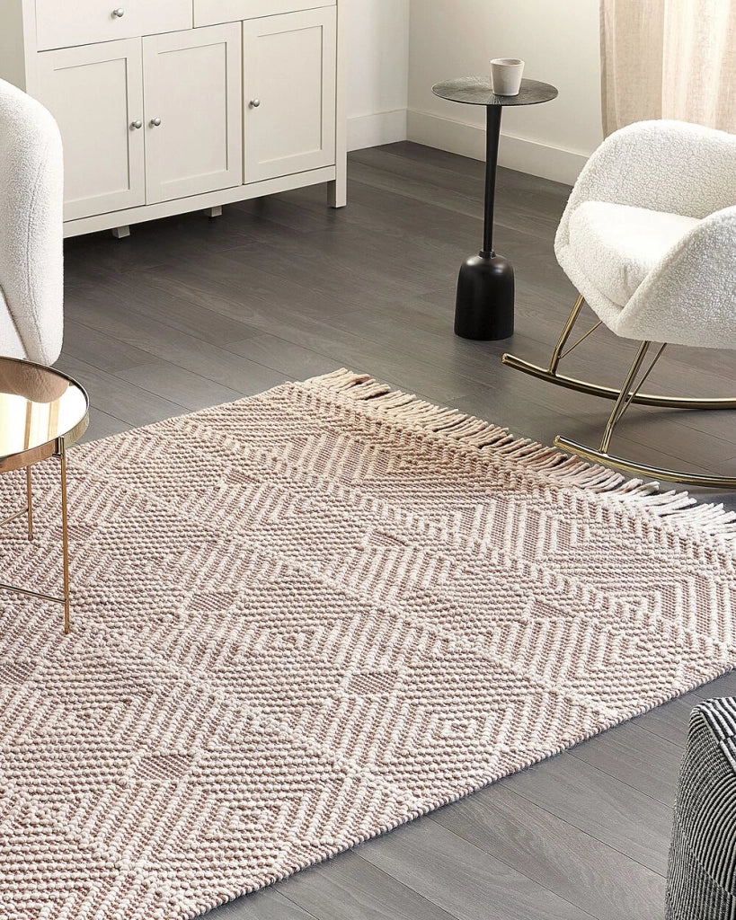 Tappeto di lana beige fatto a mano nappe motivo geometrico 160 x 230 cm soggiorno camera da letto