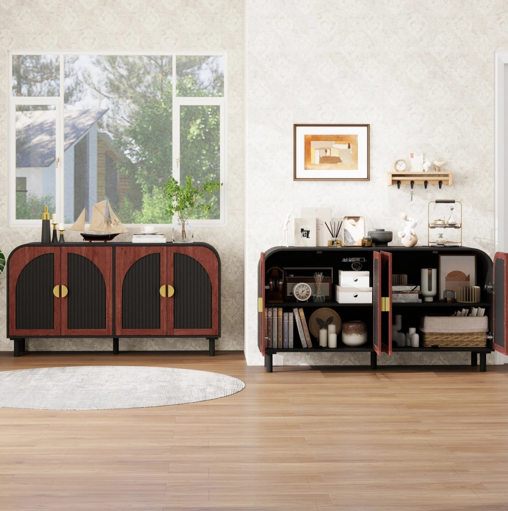 Credenza retrò 150 cm a 4 ante con frontali curvi e ripiani regolabili; nero/noce scuro