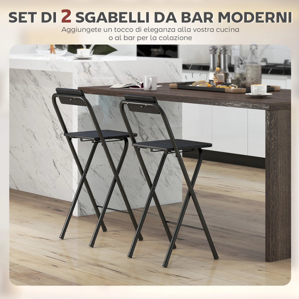 Set 2 Sgabelli da Bar Pieghevoli con Poggiapiedi 37x45x87 cm in Legno e Acciaio Nero