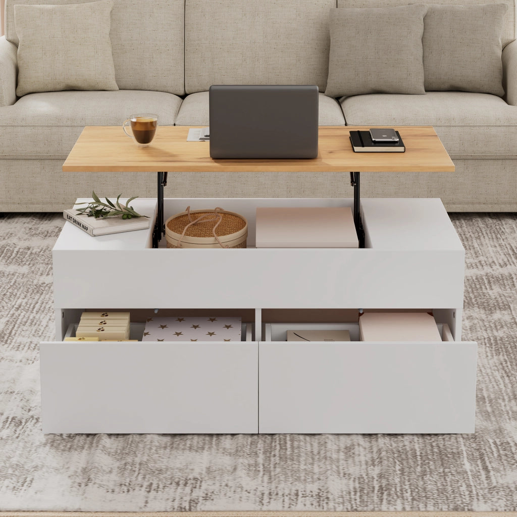 OKWISH Tavolino da Caffè Alzabile con 2 Cassetti e Vani Semiaperti, per Soggiorno, in Pannello di Particelle, Bianco, 100×50×40 cm