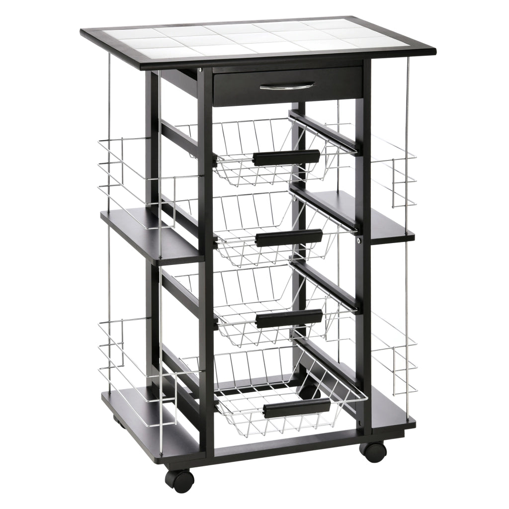 Carrello da cucina con ruote e cestini ¨C zephmum ¨C nero, bianco, legno, metallo, 4 cestini