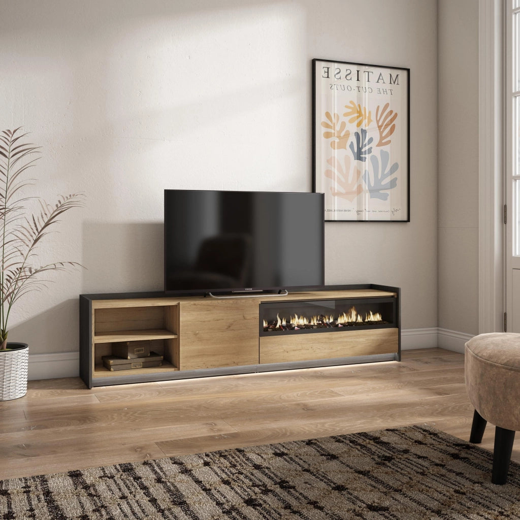 Mobile TV Soggiorno, 207x50x37 cm, Per TV fino a 80", Camino elettrico, LED, Rovere e nero