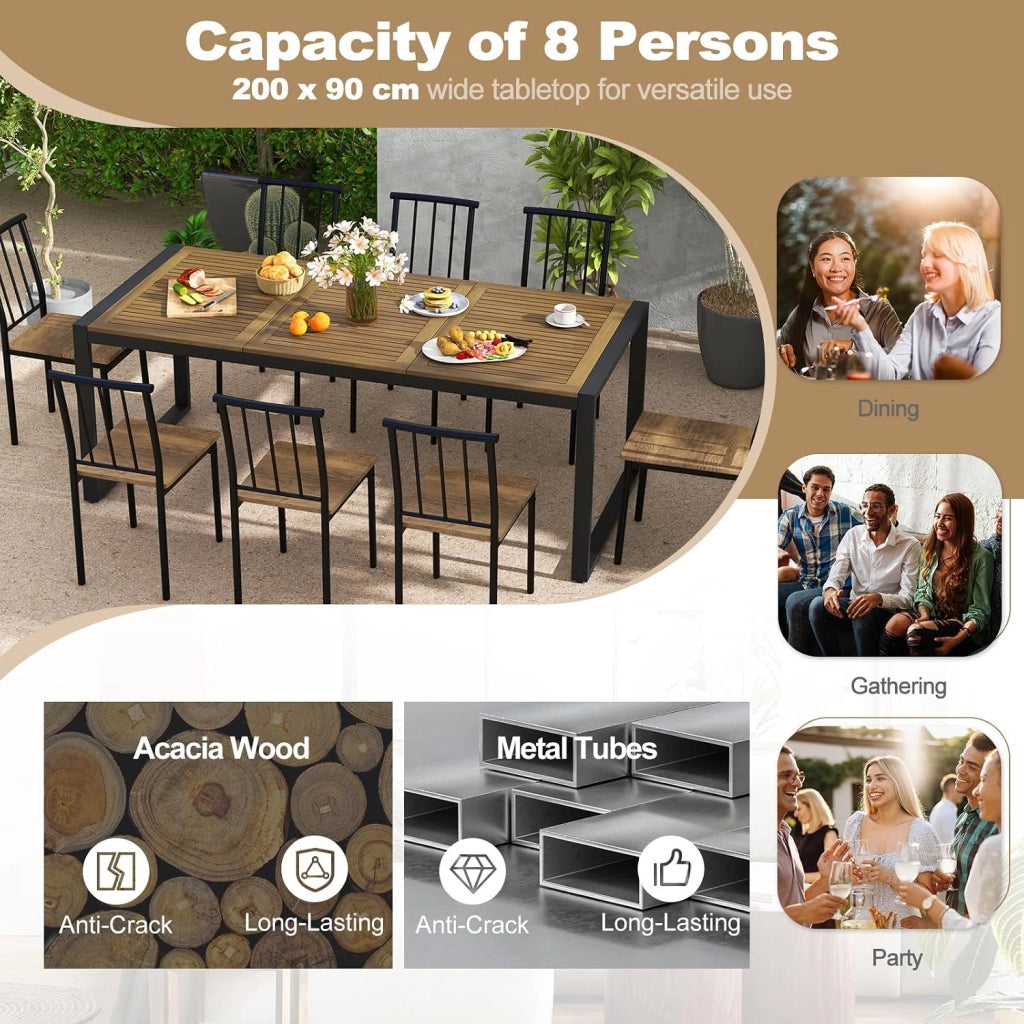 Tavolo da Giardino con Foro per Ombrellone, Tavolo da Pranzo a 8 Posti in Legno di Acacia e Metallo, Tavolo Rettangolare con Piedini Regolabili, per Esterno, Balcone, Cortile, 200x90x75 cm