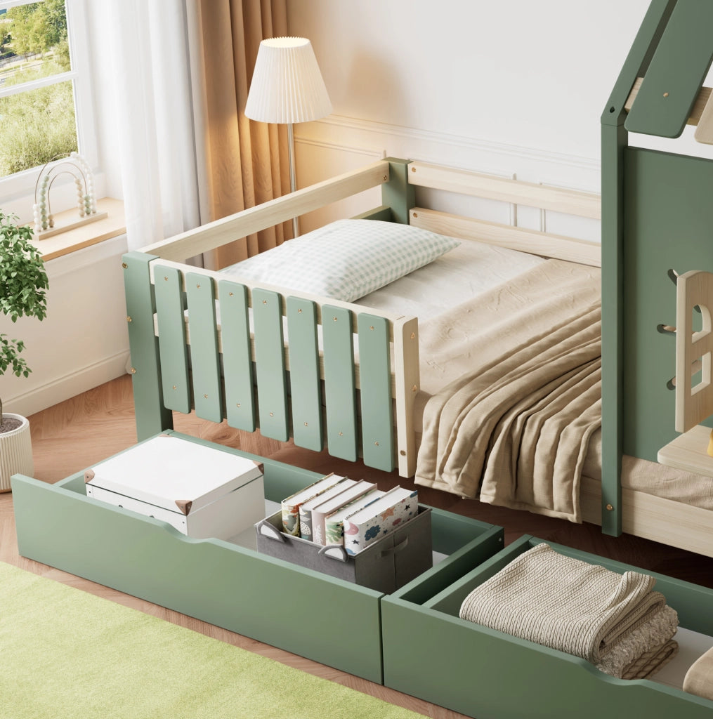 Letto per bambini a casetta con 2 cassetti e recinto 90x200 cm verde e naturale