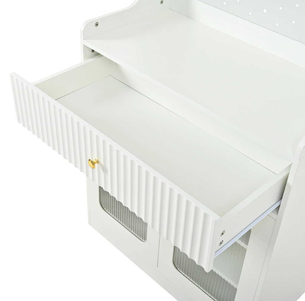 Credenza 80x40x180 cm con LED; ripiani regolabili e anta ribaltabile in MDF e truciolare bianco