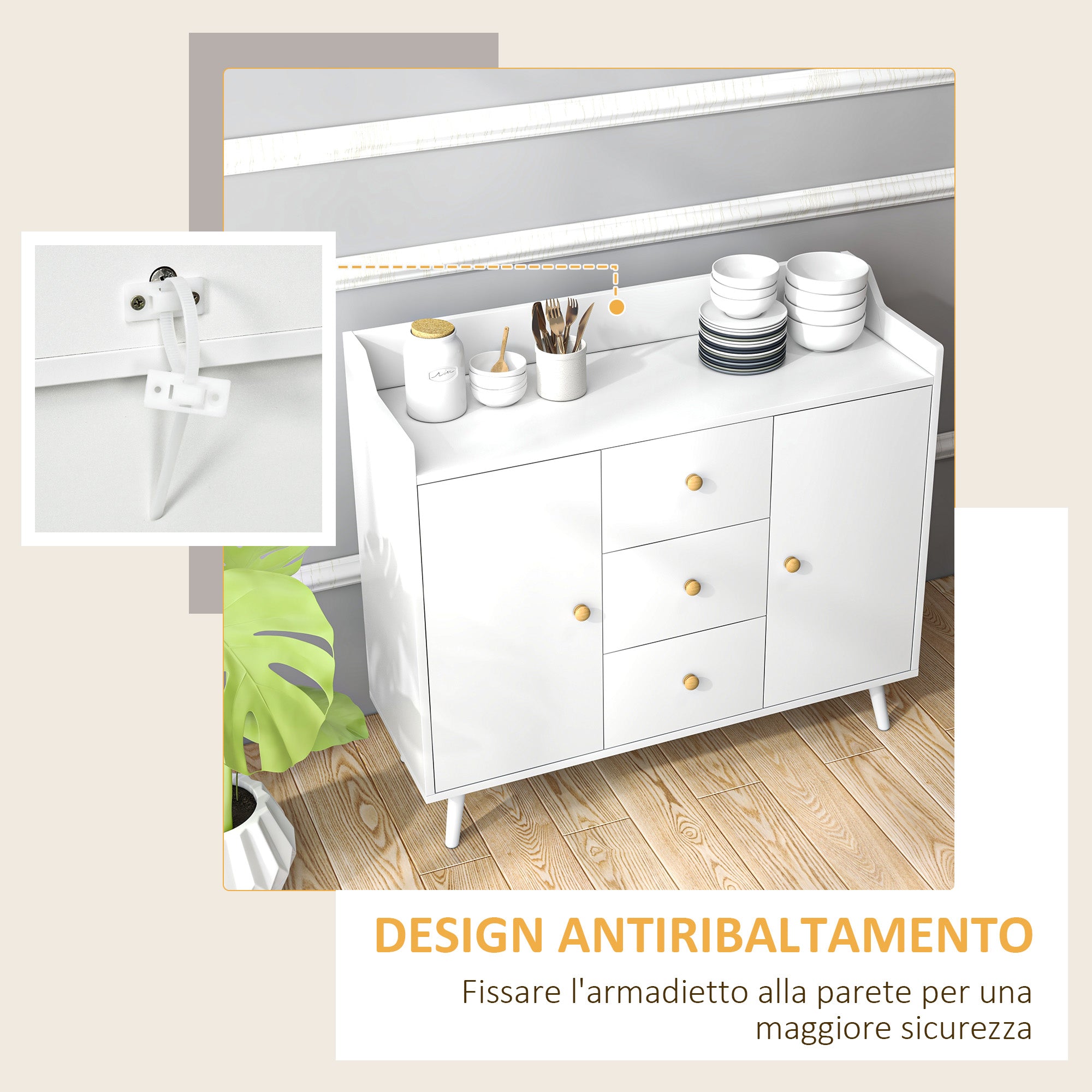 Credenza Moderna Mobile Basso 90x32x80 cm con 3 Cassetti e 2 Armadietti in Truciolato e Legno Bianco