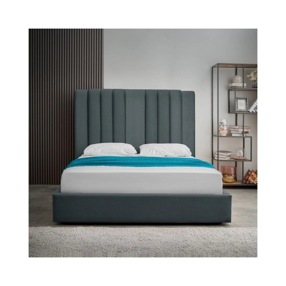 Letto matrimoniale Wilma imbottito con contenitore in tessuto Vogue colore blu pacific