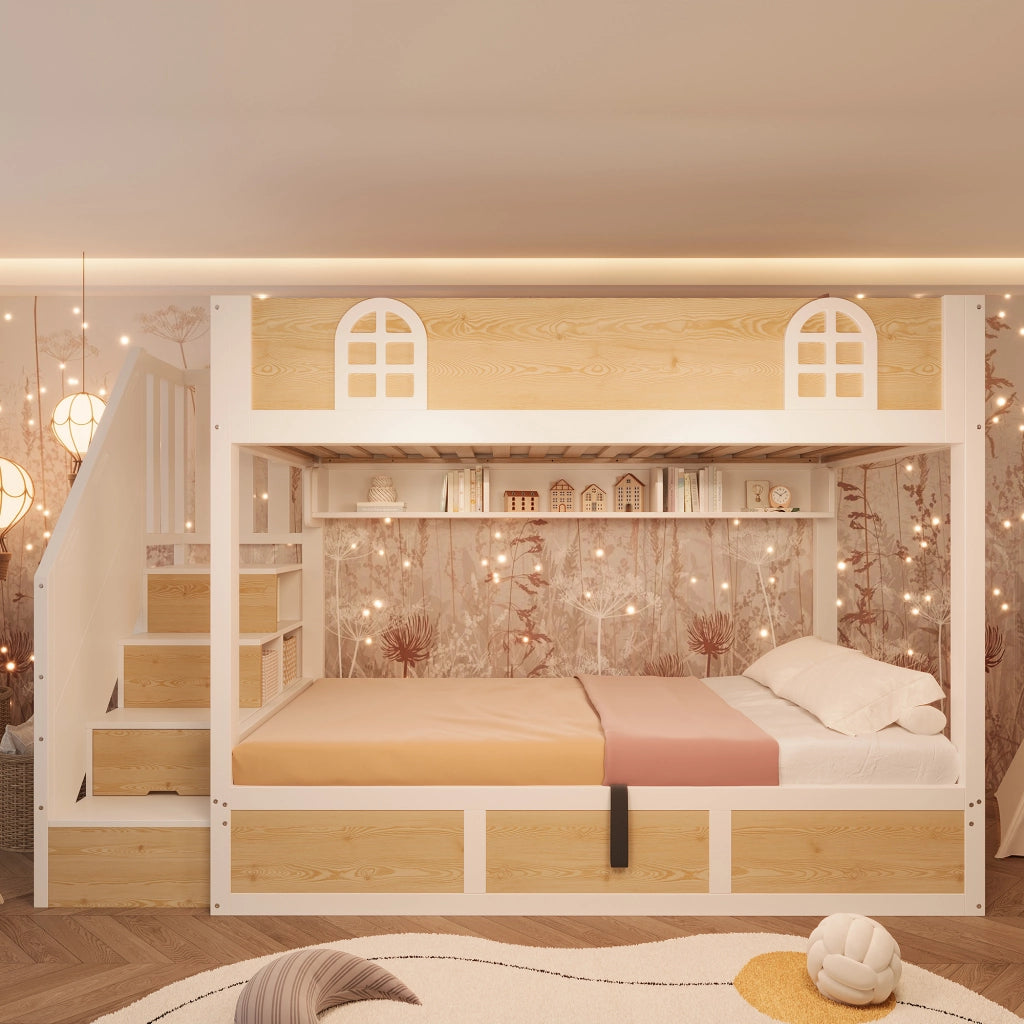 Letto a castello 90x200 cm per bambini con scala contenitore e vano sollevabile; MDF bianco e naturale
