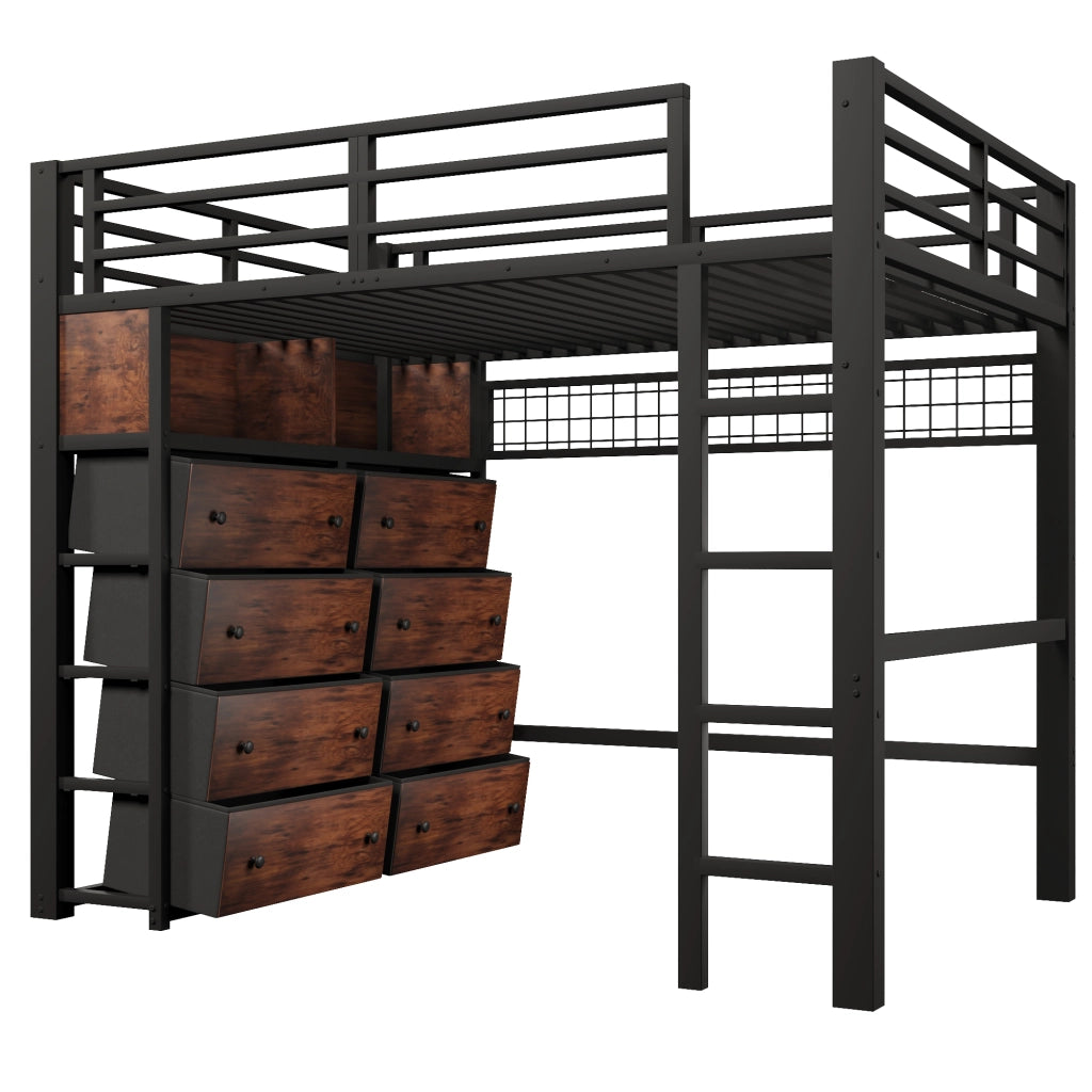 Letto a Soppalco 140x200 cm; 2 Posti - 8 Cassetti; LED; Mensole e Parete forata
