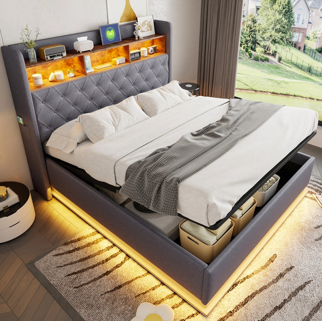 Letto imbottito con LED e porta USB 160x200 cm; contenitore idraulico; tessuto effetto lino grigio