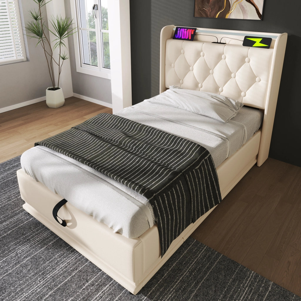 LETTO matrimoniale 90x200 cm in PU bianco con LED e porta USB Tipo-C