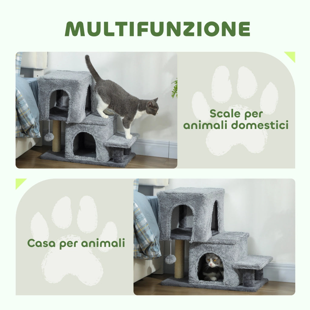 Scaletta per Gatti a 4 Gradini 60x34x77cm con 2 Casette e Tiragraffi Grigio