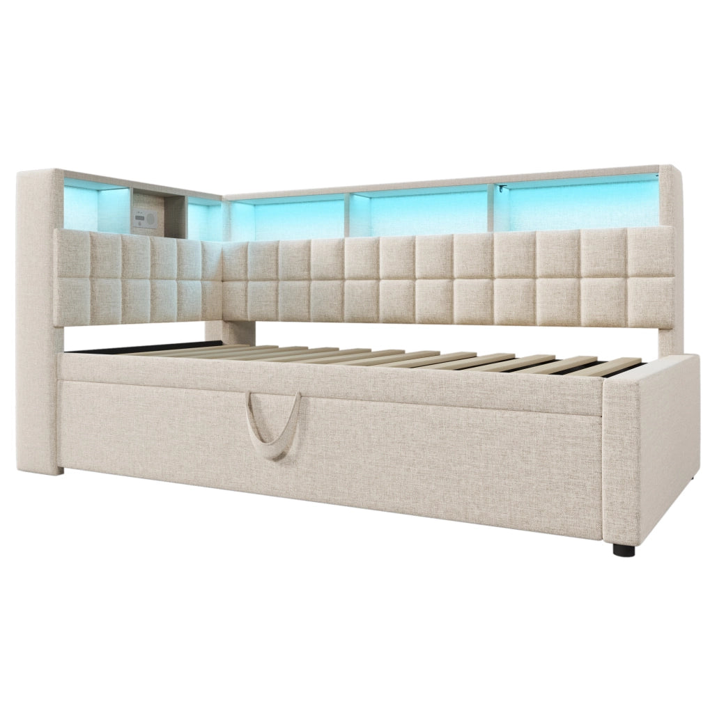 Letto imbottito con letto estraibile 90x200 cm; LED; Bluetooth; USB e Type-C; beige
