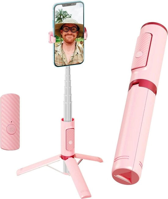 Stativo per selfie luce con telecomando Bluetooth - 270° rotativo - estensibile - leggero in alluminio - compatibile con iPhone e Android - modello per smartphone - colore rosa
