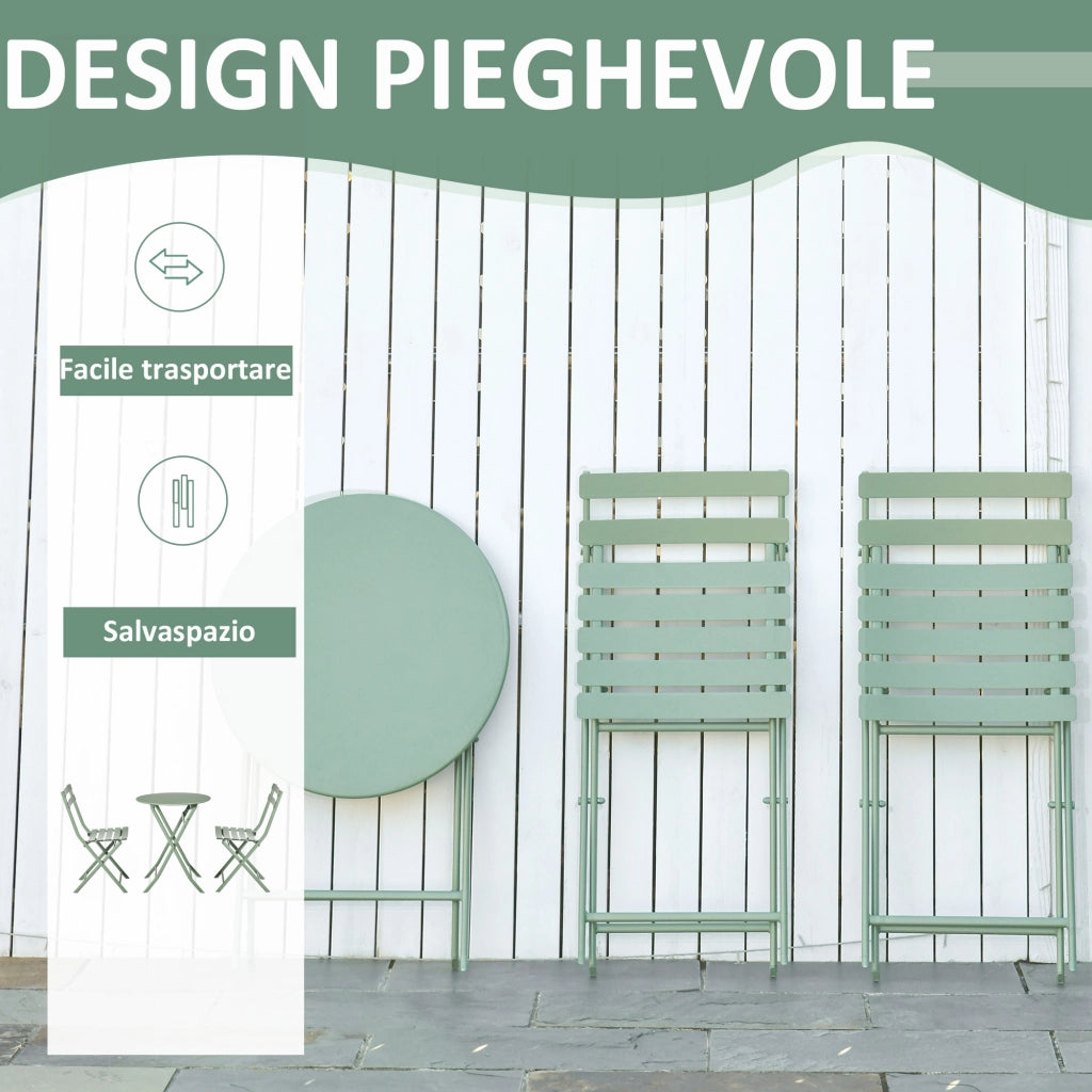 Set da Giardino 3 Pezzi Pieghevoli in Acciaio, 2 Sedie 42x50x81 cm e Tavolino ?60x71 cm, Verde