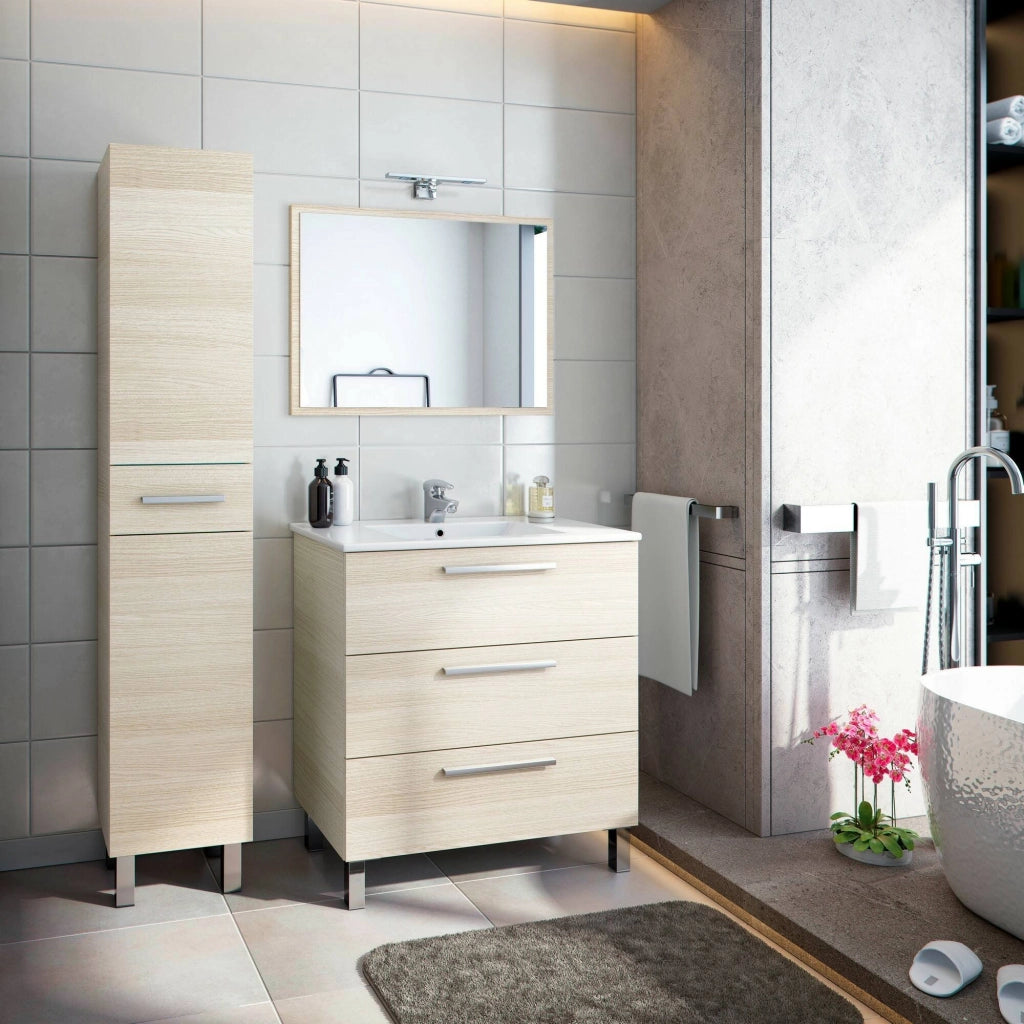 Colonna bagno Alka, Pensile bagno con 2 ante e 1 cassetto, Armadio alto, 35x31h182 cm, Rovere