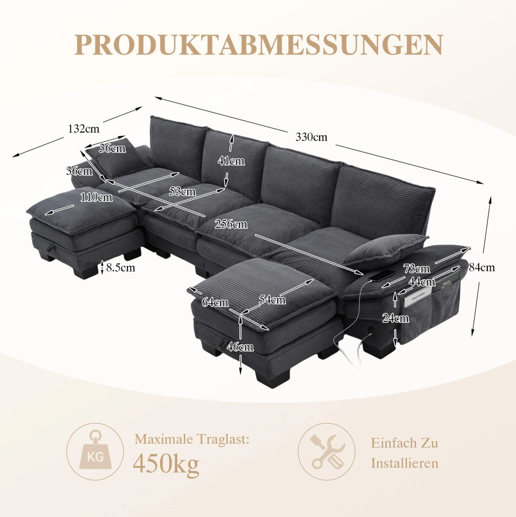 Divano modulare 4 posti in corduroy grigio scuro 330x132x84 cm con 2 pouf e USB-C