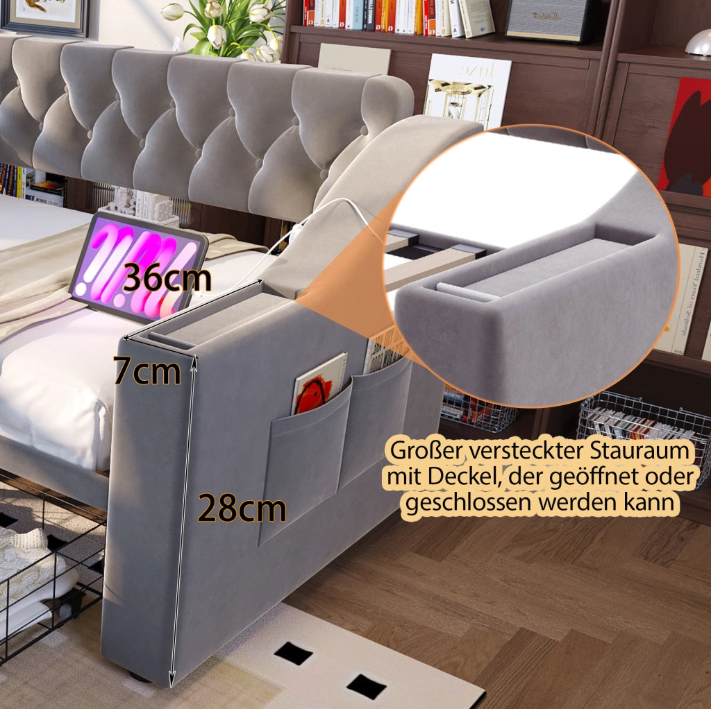 Divano letto imbottito 90x190 cm in velluto con USB; cassetti contenitore e braccioli grigio chiaro