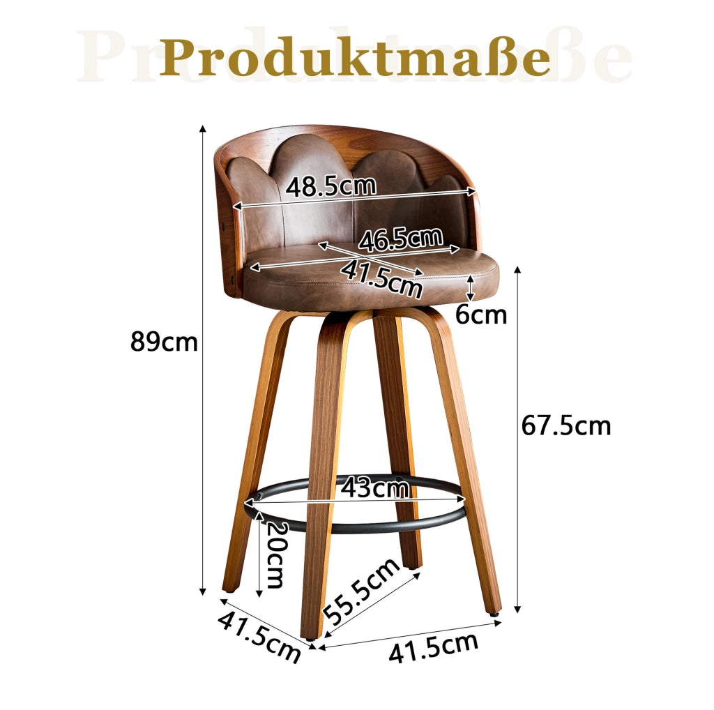 Set di 2 sgabelli da bar 89 cm in legno e PU marrone, schienale floreale