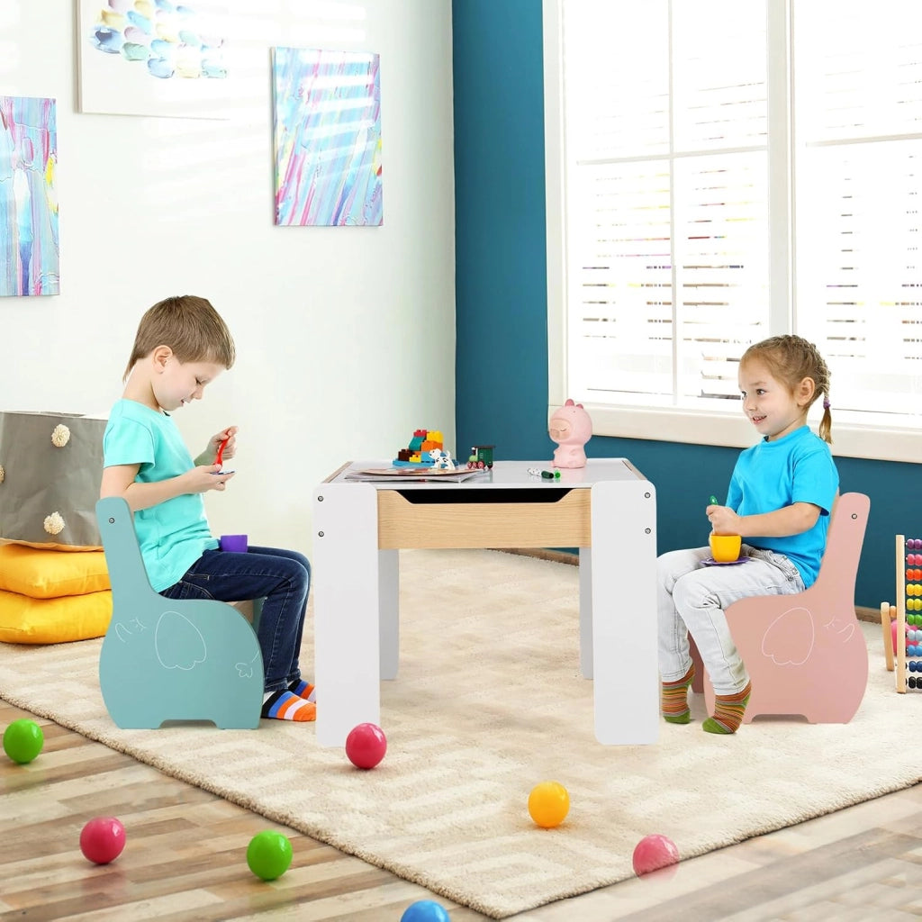 3 in 1 Set Tavolo e Sedie per Bambini, Tavolo da Attività per Bambini con 2 Sedie, Lavagna Rimovibile e Deposito, per Giocare, Disegnare e Leggere, in Legno (Multicolori)