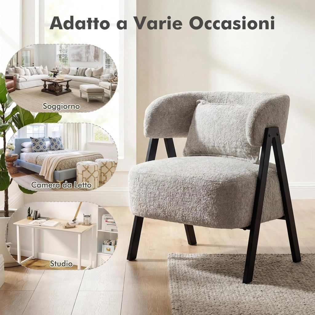 Poltrona Imbottita con Cuscino, Poltrona Singola Moderna per Lettura, Sedia Salotto Gambe in Metallo, per Salotto, Camera da Letto, Studio, Portata 150 kg (Grigio)