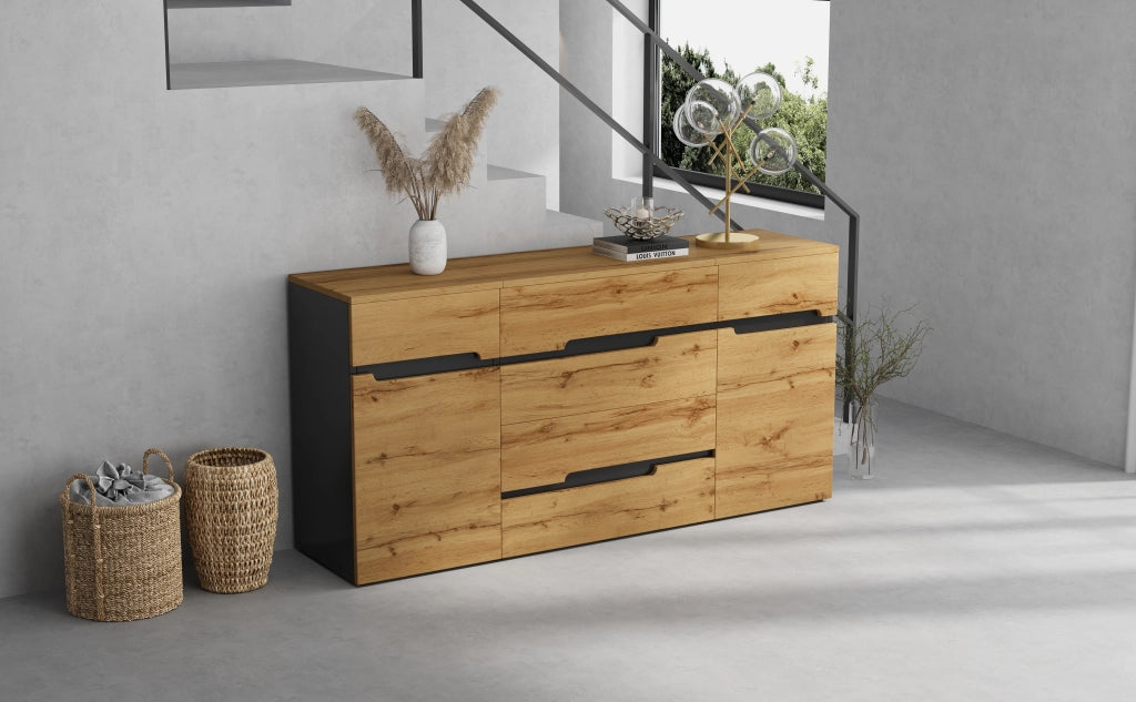 Credenza Soggiorno 160 cm Mobile Buffet 2 Ante 4 Cassetti Legno e Nero