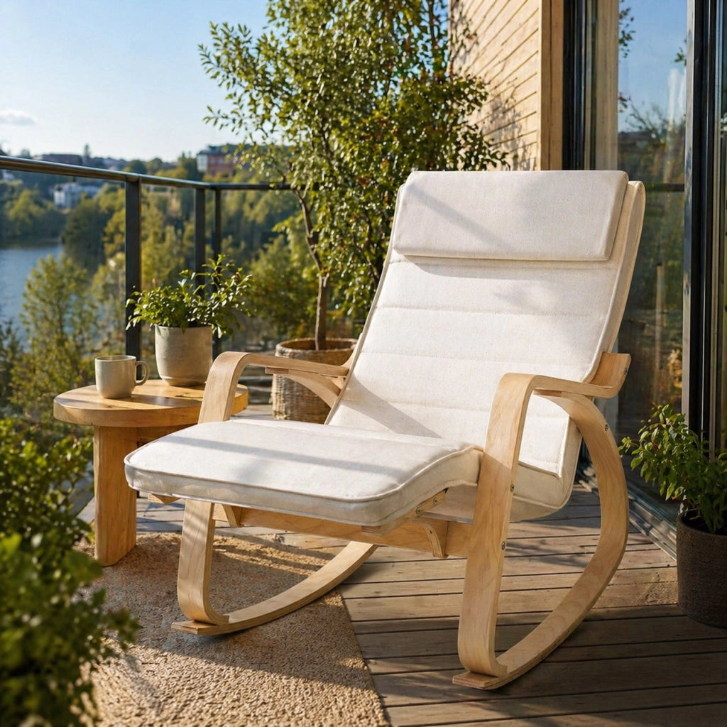 Poltrona A Dondolo Reclinabile In Legno E Acciaio Con Poggiapiedi Regolabile 5 Posizioni Seduta Imbottita 121.5 x 55 x 84 Cm Beige