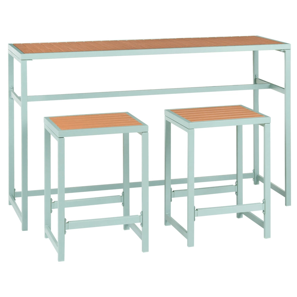 Set da giardino 3 elementi per interni ed esterni, tavolo e 2 sgabelli, acciaio, legno plastico verde chiaro design moderno